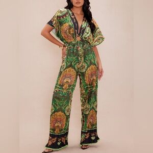 FASHION NOVA Kamari Pleated Wide Leg Jumpsuit - Olive Green Black Orange Combo